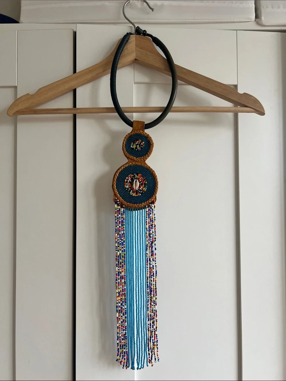Handmade Beaded Fringe Hair Necklace in Teal and Multicolor